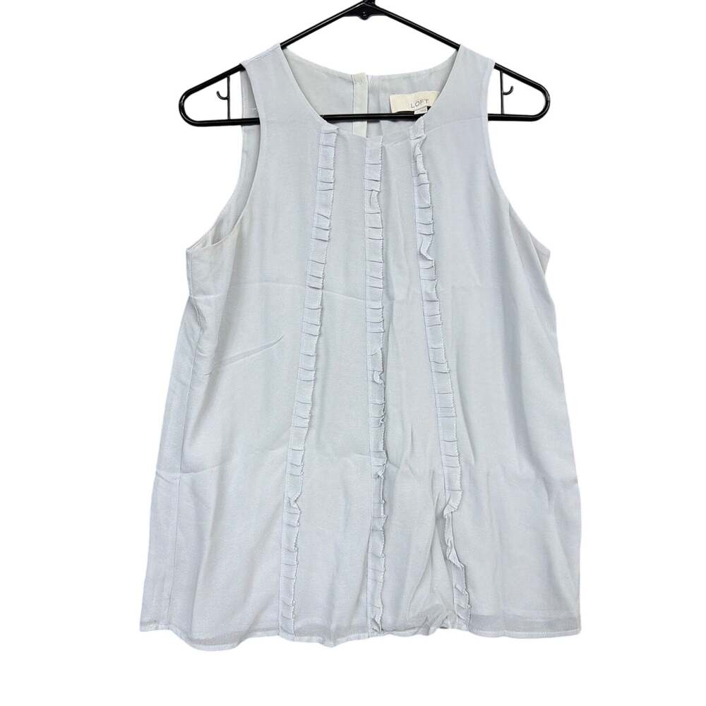Ann Taylor LOFT Womens Blouse Gray Blue Ruffle Front Sleeveless Lined Small